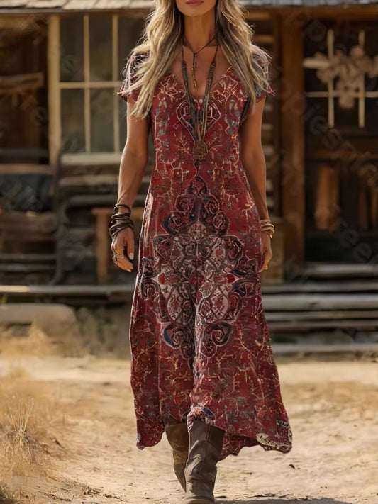 Printed V-Neck Short Sleeve Midi Dress — women's casual dress Australia