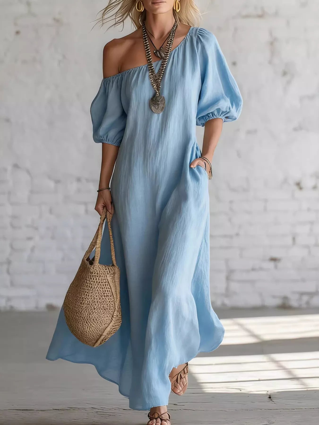 Women's One-Shoulder Puff Sleeve Maxi Dress — Chic and Unique AU