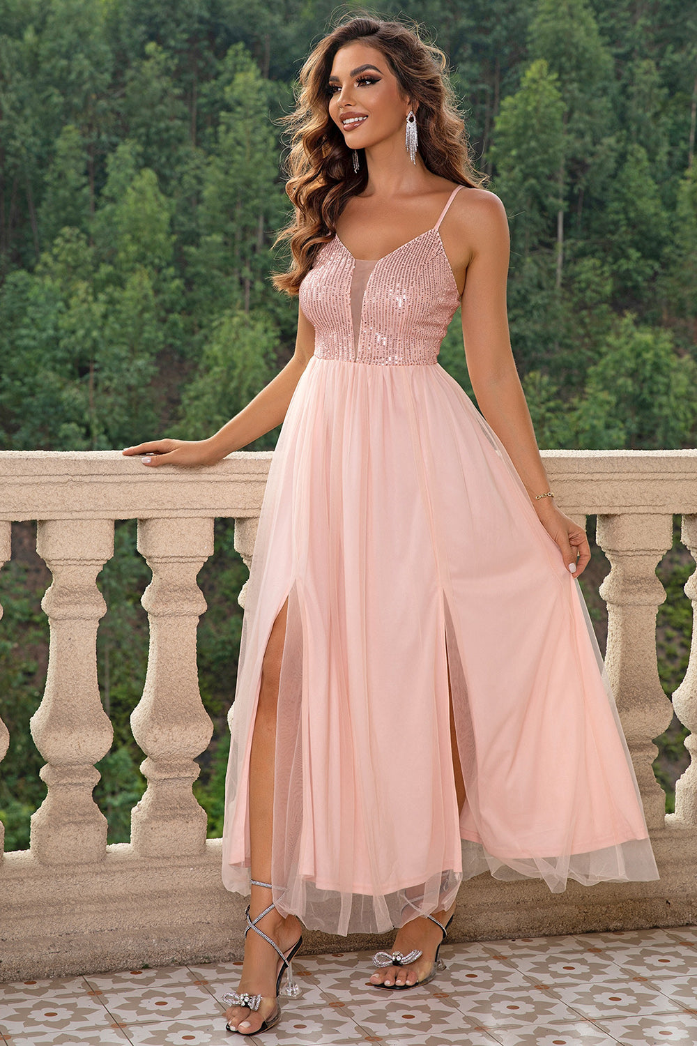 Spaghetti strap slit mesh dress for elegant evening and party wear