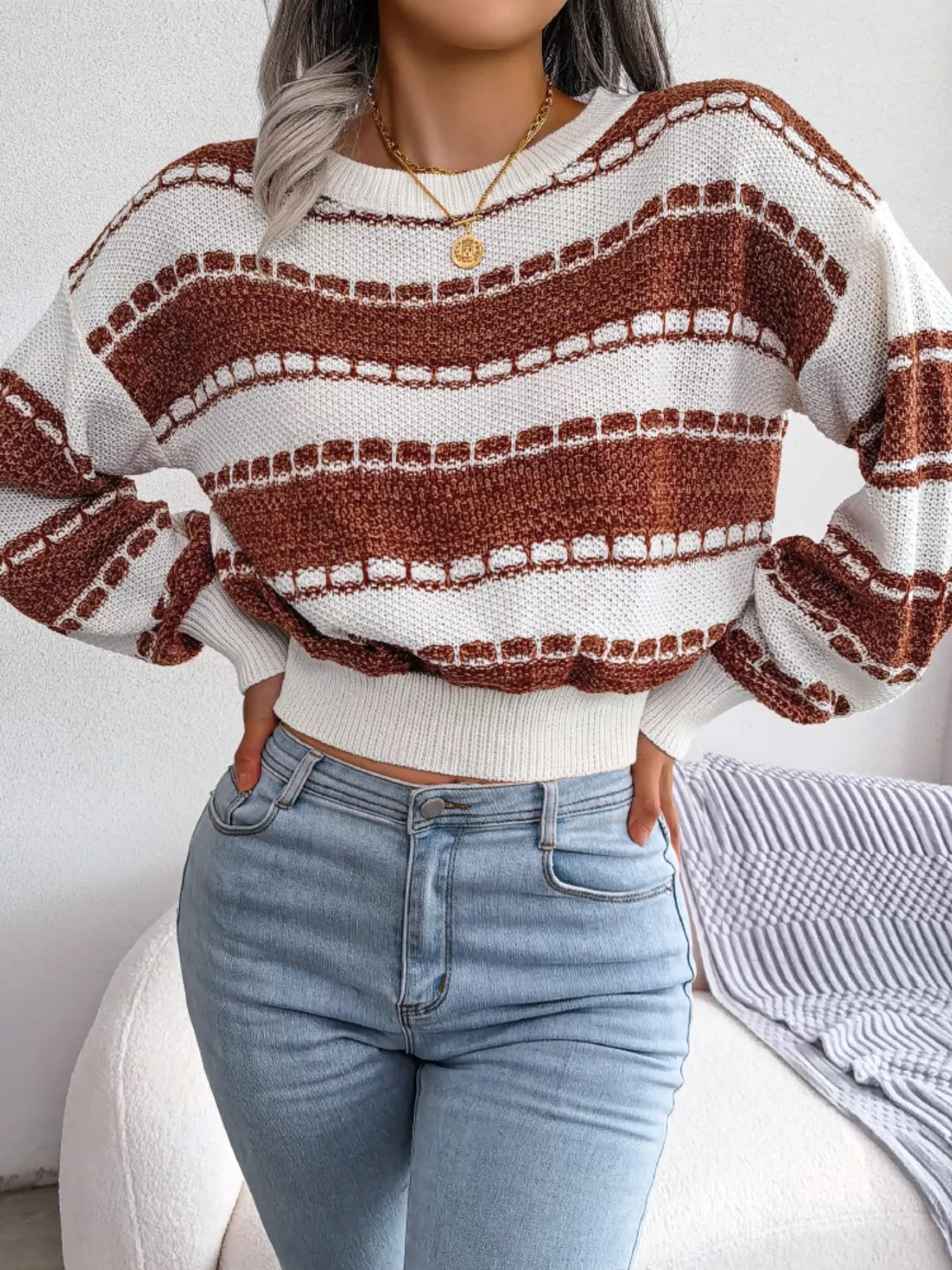 Women's Color Block Round Neck Cropped Sweater — women's cropped sweater Australia