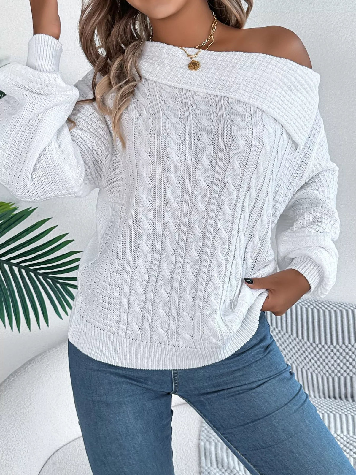 Women's Off-Shoulder Cable Knit Sweater — women's knit sweater Australia