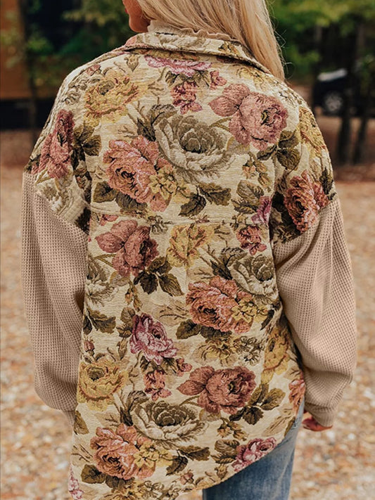 Floral Waffle Knit Patchwork Chest Pockets Buttoned Jacket — women's jacket Australia