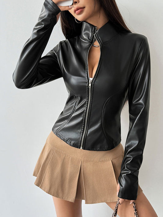 Zip Up Long Sleeve Leather Jacket — women's jacket Australia