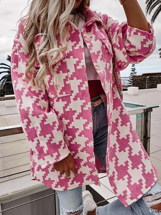 Houndstooth Button Up Long Sleeve Outerwear — women's outerwear Australia