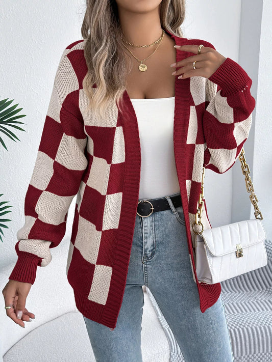 Checkered Pattern Open Front Cardigan — women's knit cardigan Australia