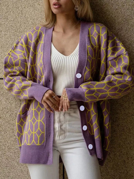 Women's Geometric Patterned Button-Down Cardigan — women's knitwear Australia