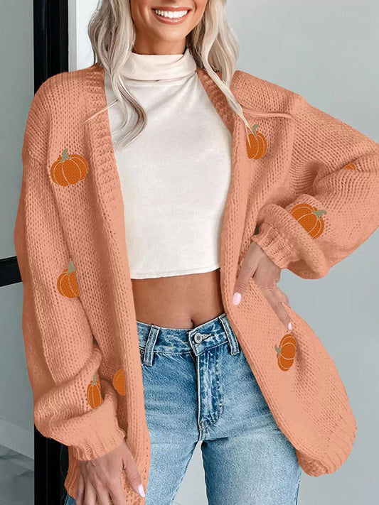Women's Pumpkin Tree Print Open Front Drop Shoulder Midi Cardigan — women's knit cardigan Australia