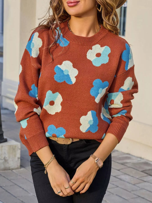 Women's Floral Crew Neck Long Sleeve Sweater — women's knit sweater Australia