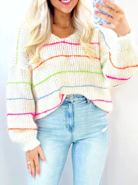 Women's Colorful Striped Detail V Neck Drop Shoulder Baggy Sweater — women's knit sweater Australia