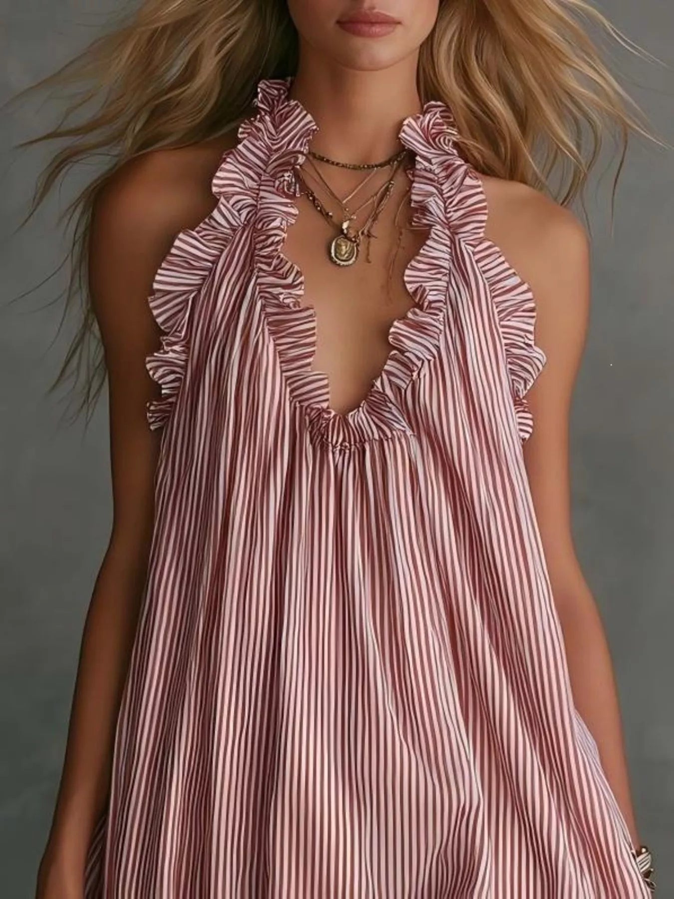 Women's Full Size Ruffled Trim Halter Neck Mini Dress Plus Size — Chic and Unique AU