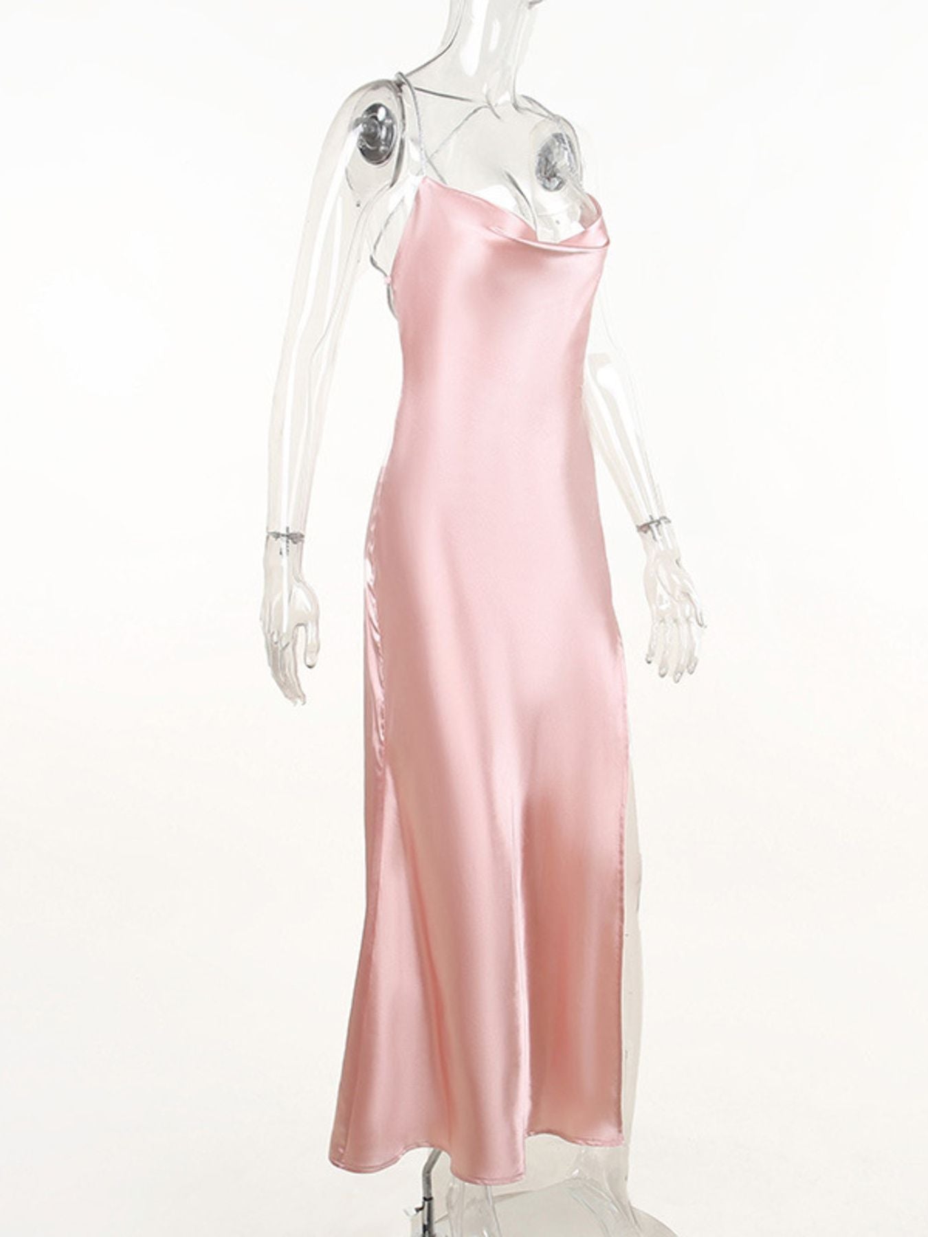 Women's Slinky Satin Cowl Neck High Slit Dress with Back Lace Up — Chic and Unique AU