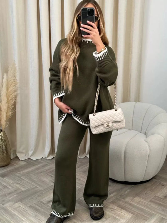 Women's Contrast Trim Round Neck Top and Pants Sweater Set — women's knitwear Australia