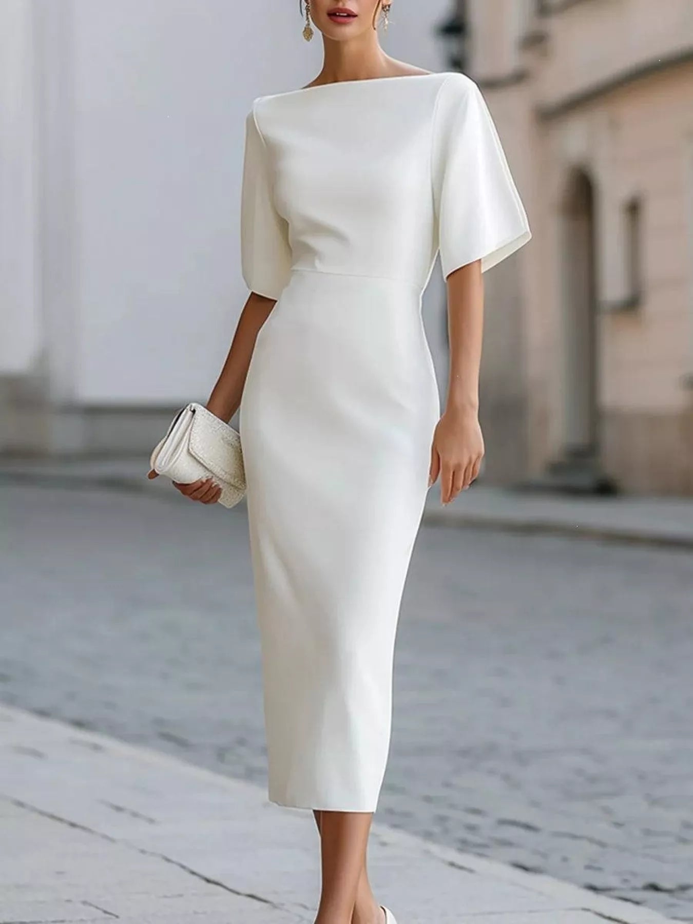 Women's Half Sleeve Boat Neck Midi Dress — Chic and Unique AU