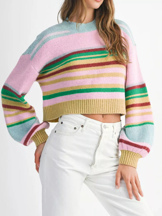 Women's Multicolour Striped Knit Ribbed Trim Boxy Fit Cropped Sweater — women's knit sweater Australia