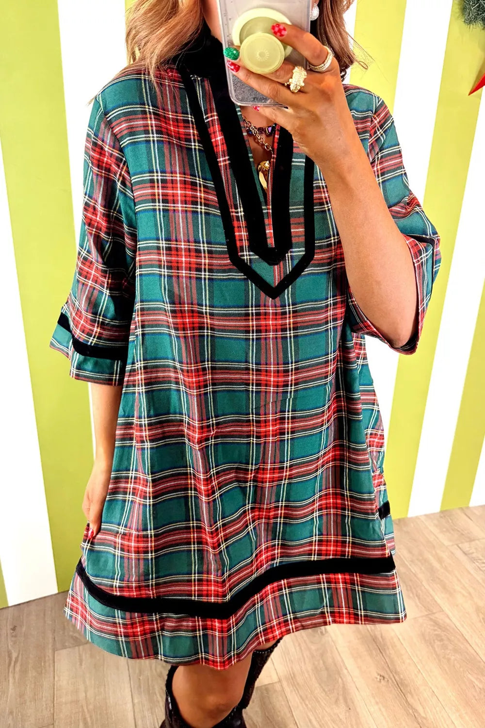 Women's Plaid Velvet Trim Short Shift Dress with Pockets — Chic and Unique AU