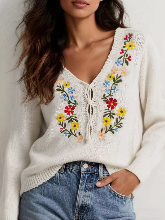 Women's Floral Embroidered V-Neck Sweater — women's knit sweater Australia