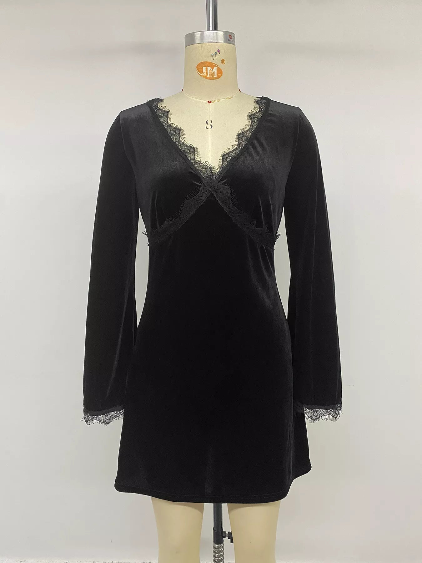 Women's Velvet Lace Trim V-Neck Mini Dress — Chic and Unique AU