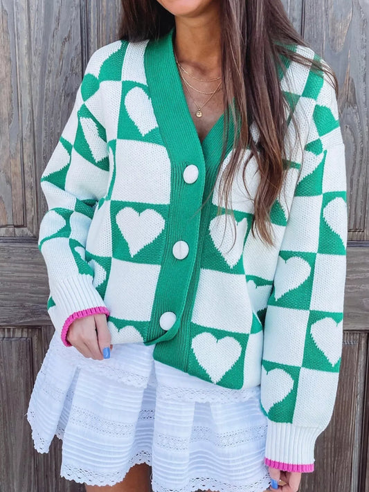Women's Plaid Heart Knit V Neck Button Down Sweater Cardigan — women's knit cardigan Australia