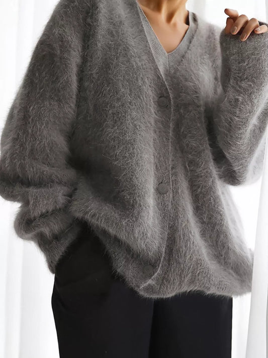Women's V Neck Button Down Fuzzy Knit Mohair Cardigan — women's knit cardigan Australia