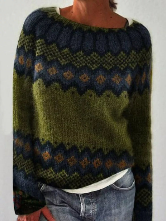 Women's Full Size Vintage Patterned Round Neck Sweater Plus Size — women's knitwear Australia