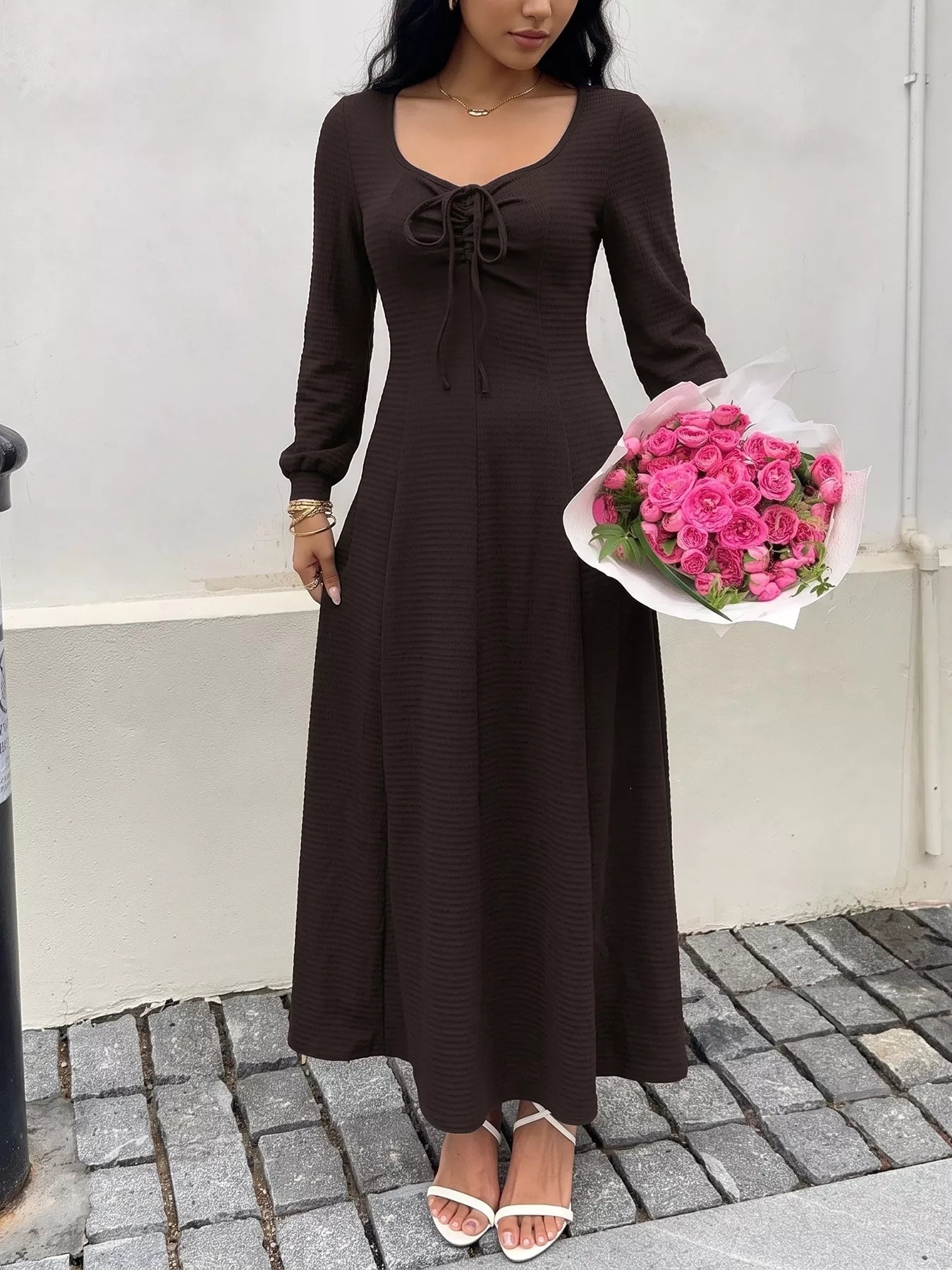 Women's Long Sleeve Tie-Front Maxi Dress — Chic and Unique AU