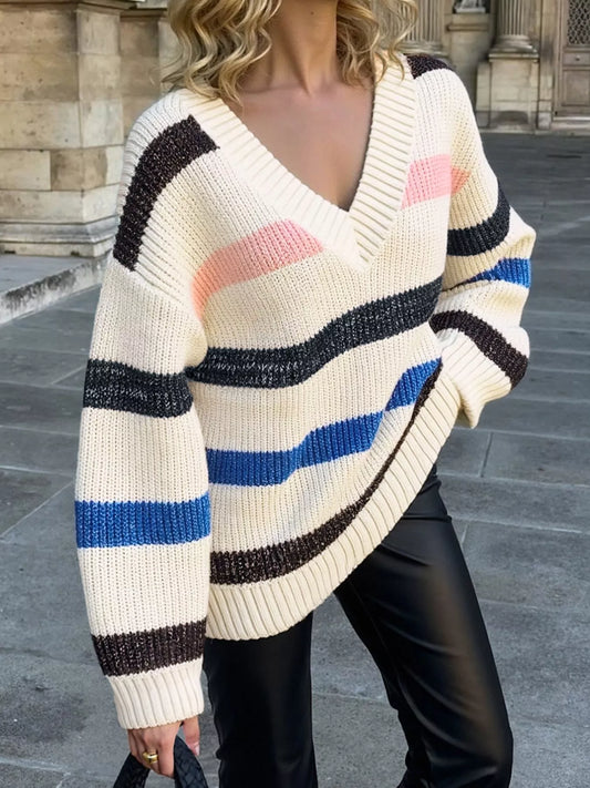 Women's Striped V-Neck Oversized Sweater — women's knit sweater Australia