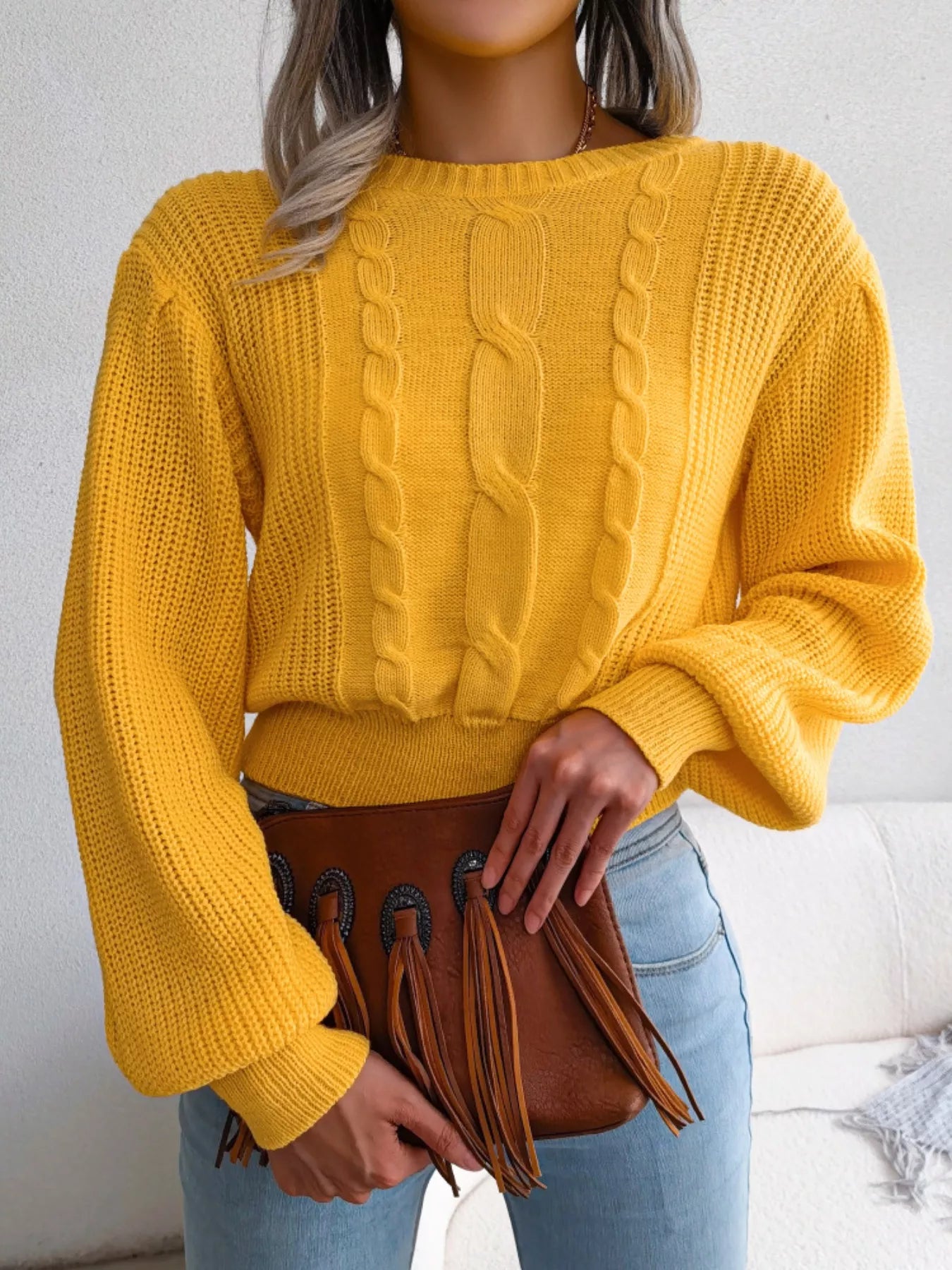Women's Cable Knit Round Neck Cropped Sweater — women's cropped sweater Australia