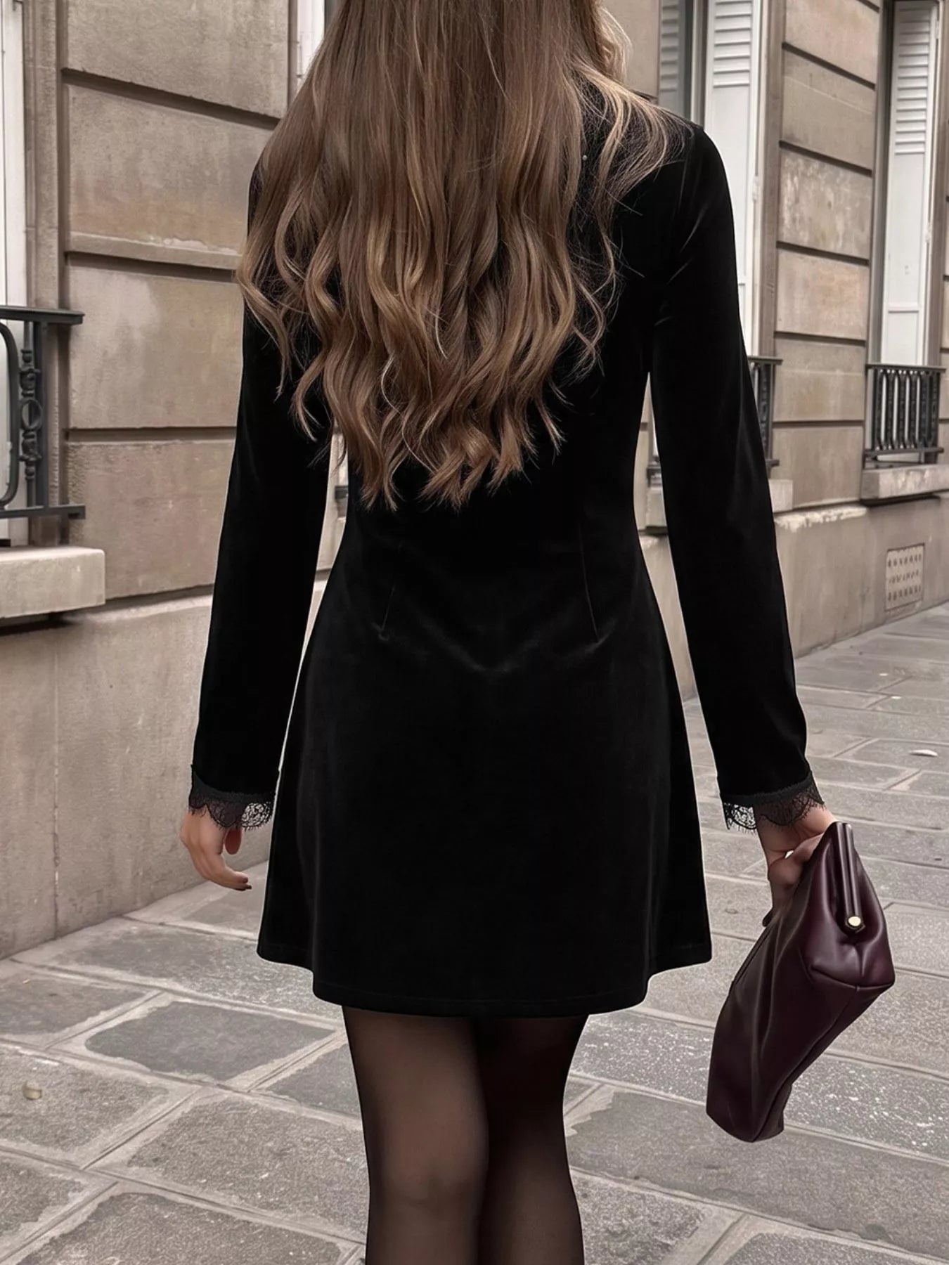 Women's Velvet Lace Trim V-Neck Mini Dress — Chic and Unique AU