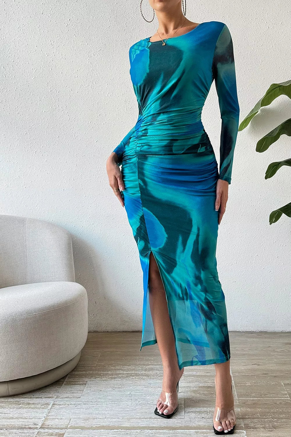 Women's Ruched Tie-Dye Midi Dress with High Slit — Chic and Unique AU