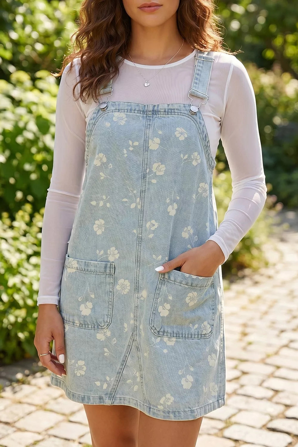Women's Wash Denim Floral Print Overall Mini Dress — Chic and Unique AU