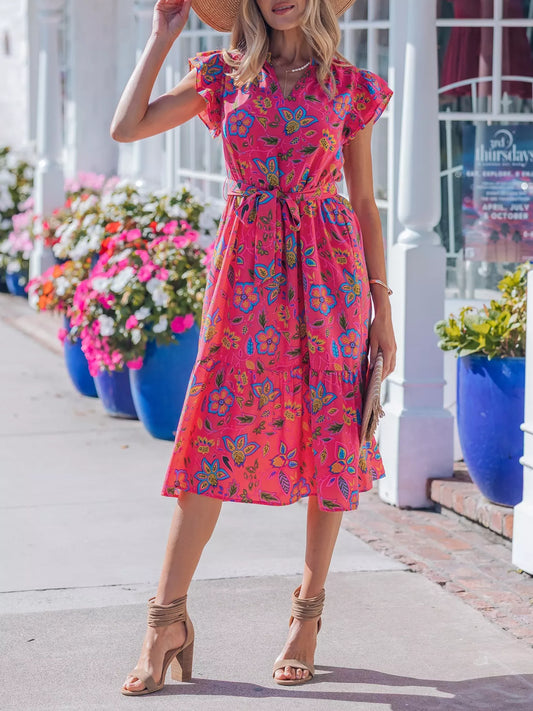 Flutter Sleeve Belted Floral Dress — women's casual dress Australia