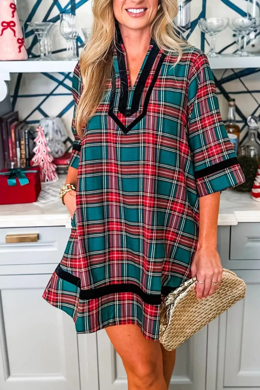 Women's Plaid Velvet Trim Short Shift Dress with Pockets — Chic and Unique AU