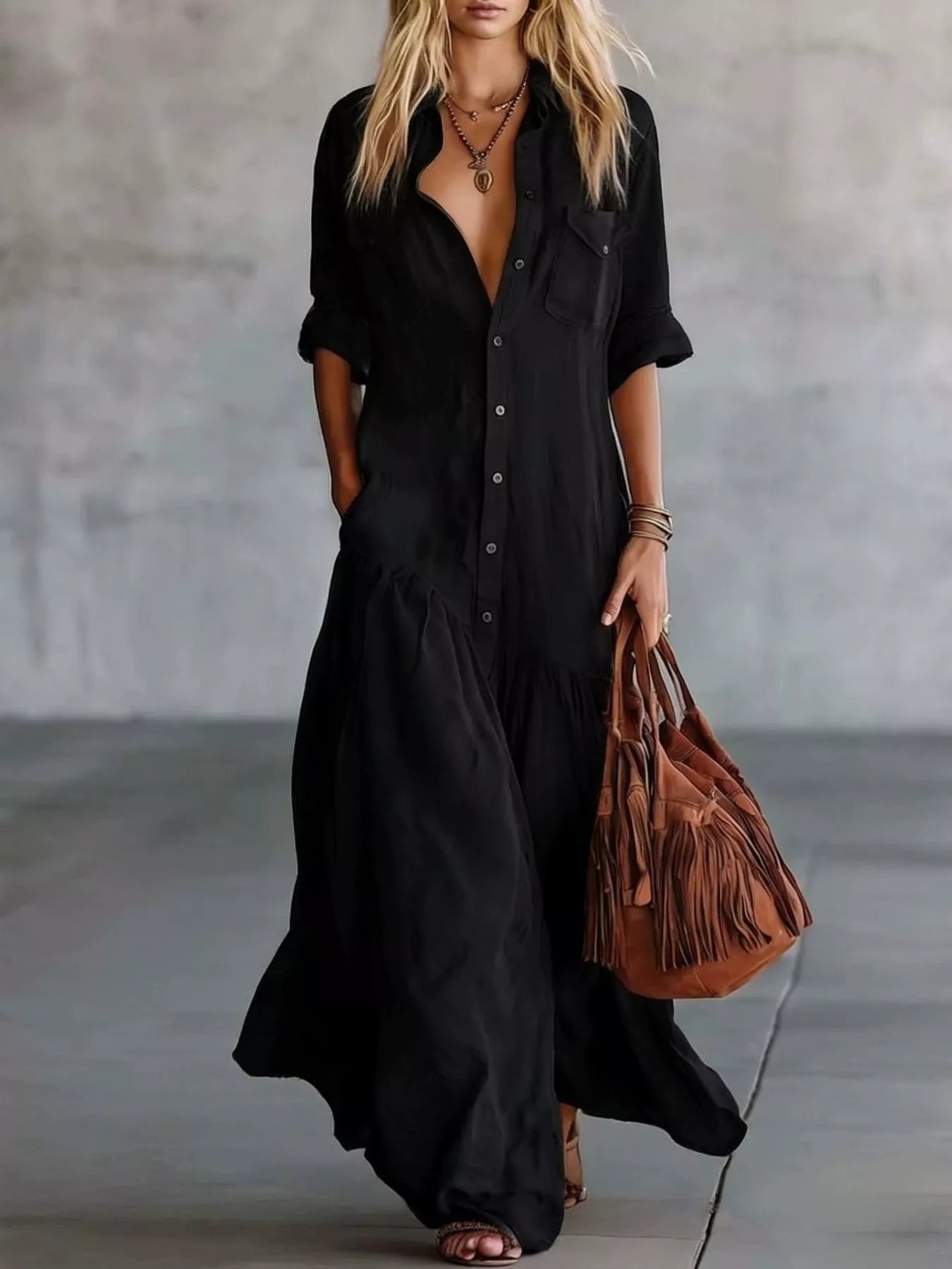 Women's Full Size Button Front Roll-Up Sleeve Maxi Dress Plus Size — Chic and Unique AU