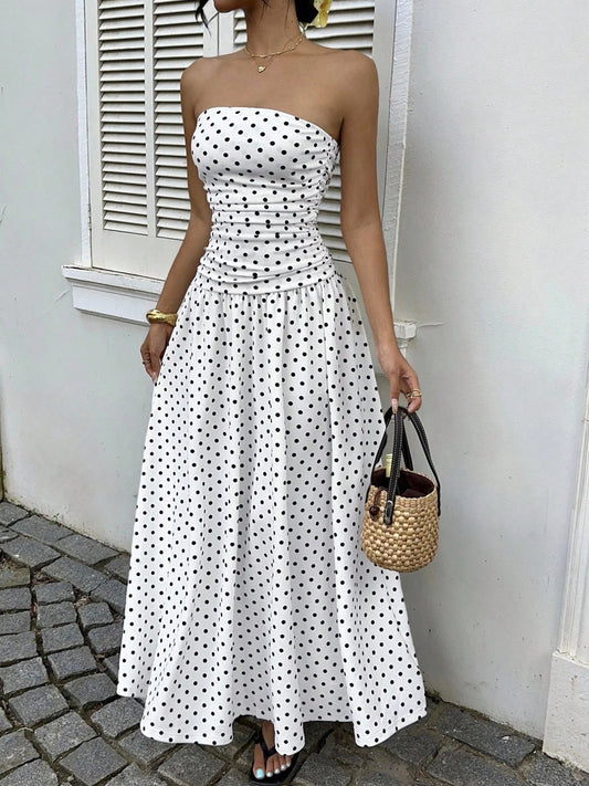 Polka Dot Ruched Strapless Maxi Dress — women's casual dress Australia