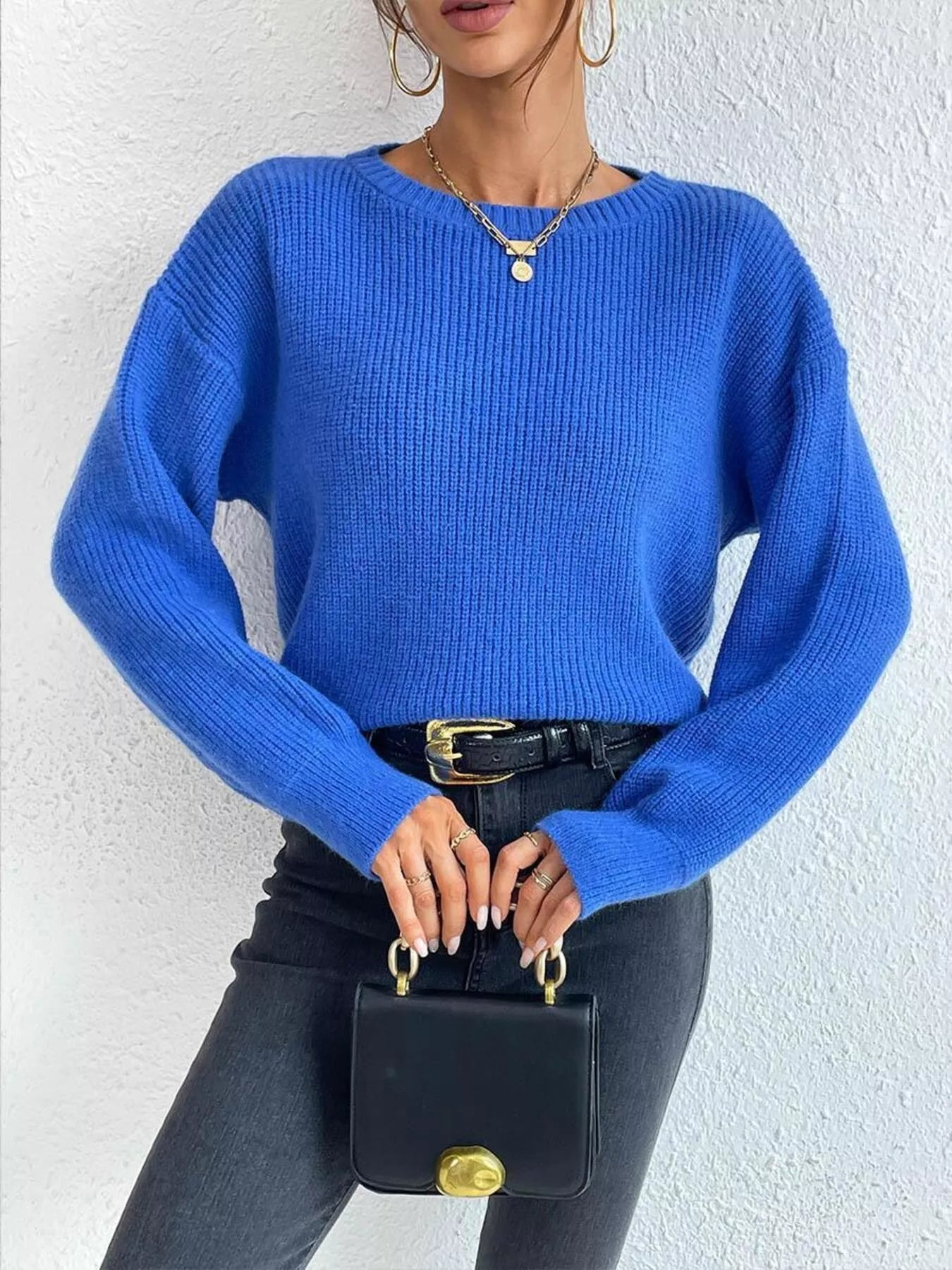 Women's Ribbed Knit Dropped Shoulder Sweater — women's knit sweater Australia