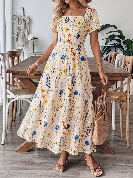 Floral Print Square Neck Casual Maxi Dress — women's casual dress Australia