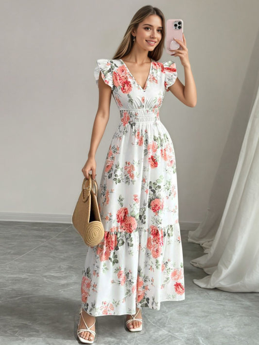 Floral Print Ruffle Sleeve Tiered Maxi Dress — women's casual dress Australia