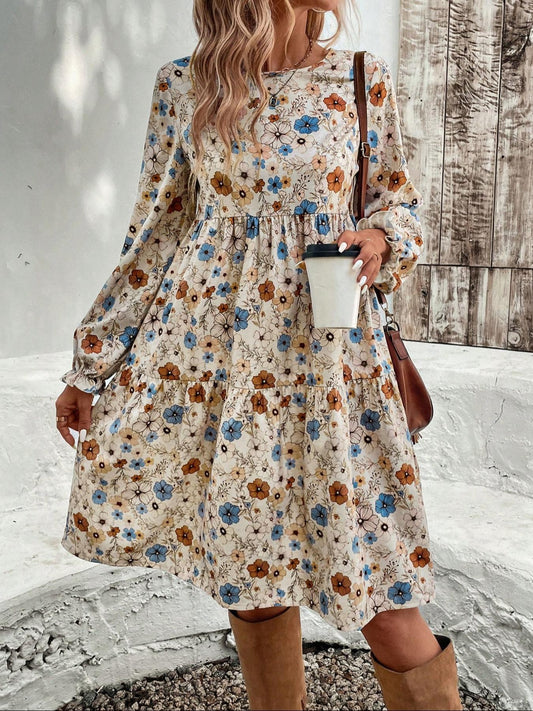 Floral Print Long Sleeve Tiered Dress — women's casual dress Australia