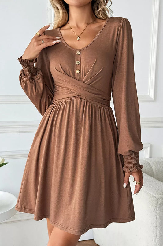 Shirred Cuff Long Sleeve Button Round Neck Mini Dress — women's mini dress Australia