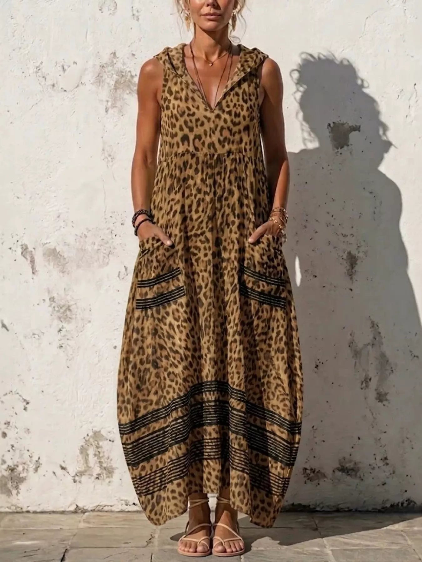 Women's Full Size Sleeveless Hooded Leopard Print Maxi Dress Plus Size — Chic and Unique AU