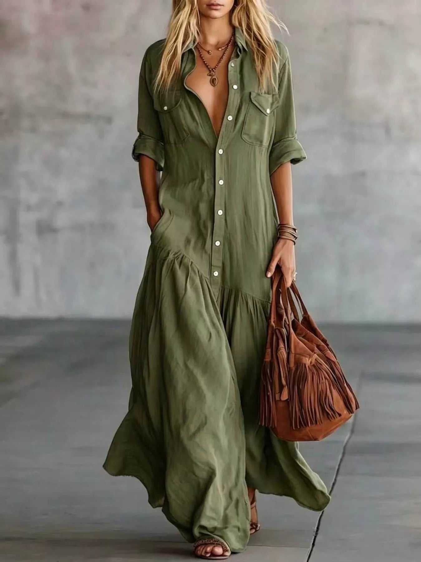 Women's Full Size Button Front Roll-Up Sleeve Maxi Dress Plus Size — Chic and Unique AU