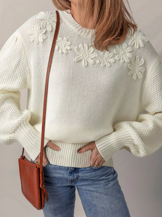 Women's Flower Detail Round Neck Contrast Textured Puff Sleeve Sweater — women's knit sweater Australia