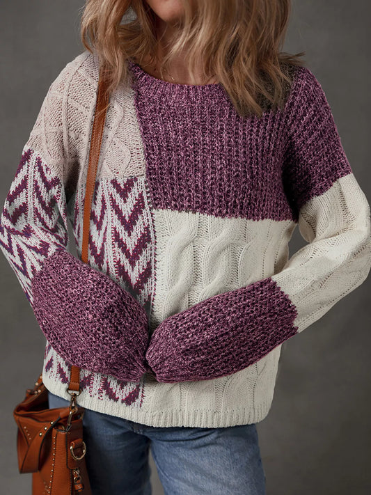 Women's Color Block Patchwork Knotted Back Loose Fit Sweater — women's knit sweater Australia