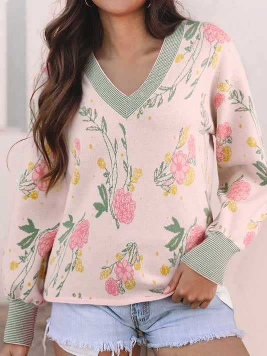 Women's Floral Pattern Striped V Neck Loose Sweater — women's knit sweater Australia