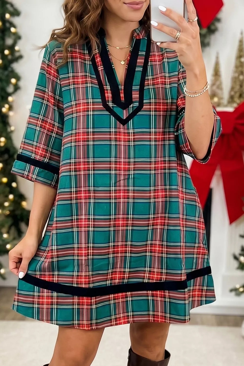 Women's Plaid Velvet Trim Short Shift Dress with Pockets — Chic and Unique AU