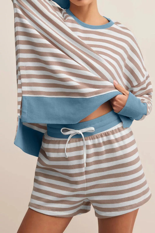 Stripe Color Block Patchwork Oversized Top and Shorts 2pcs Set — women's co-ord set Australia