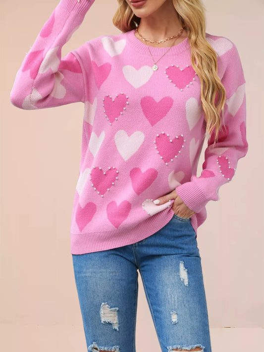 Women's Heart Pattern Beaded Round Neck Sweater — women's knitwear Australia