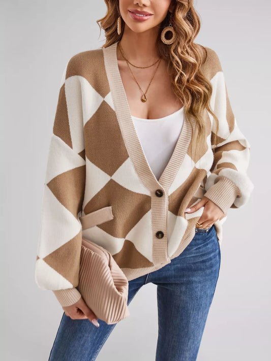 Women's Diamond Pattern Button-Up Knit Cardigan — women's knitwear Australia