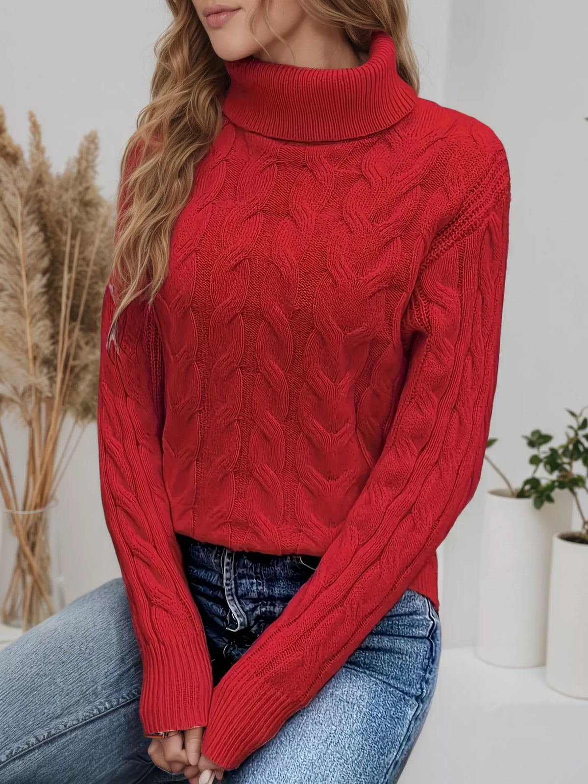 Women's Cable Knit Turtleneck Long Sleeve Sweater — women's knit sweater Australia
