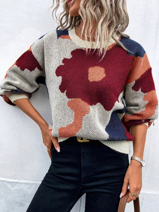 Women's Floral Pattern Round Neck Sweater — women's knit sweater Australia
